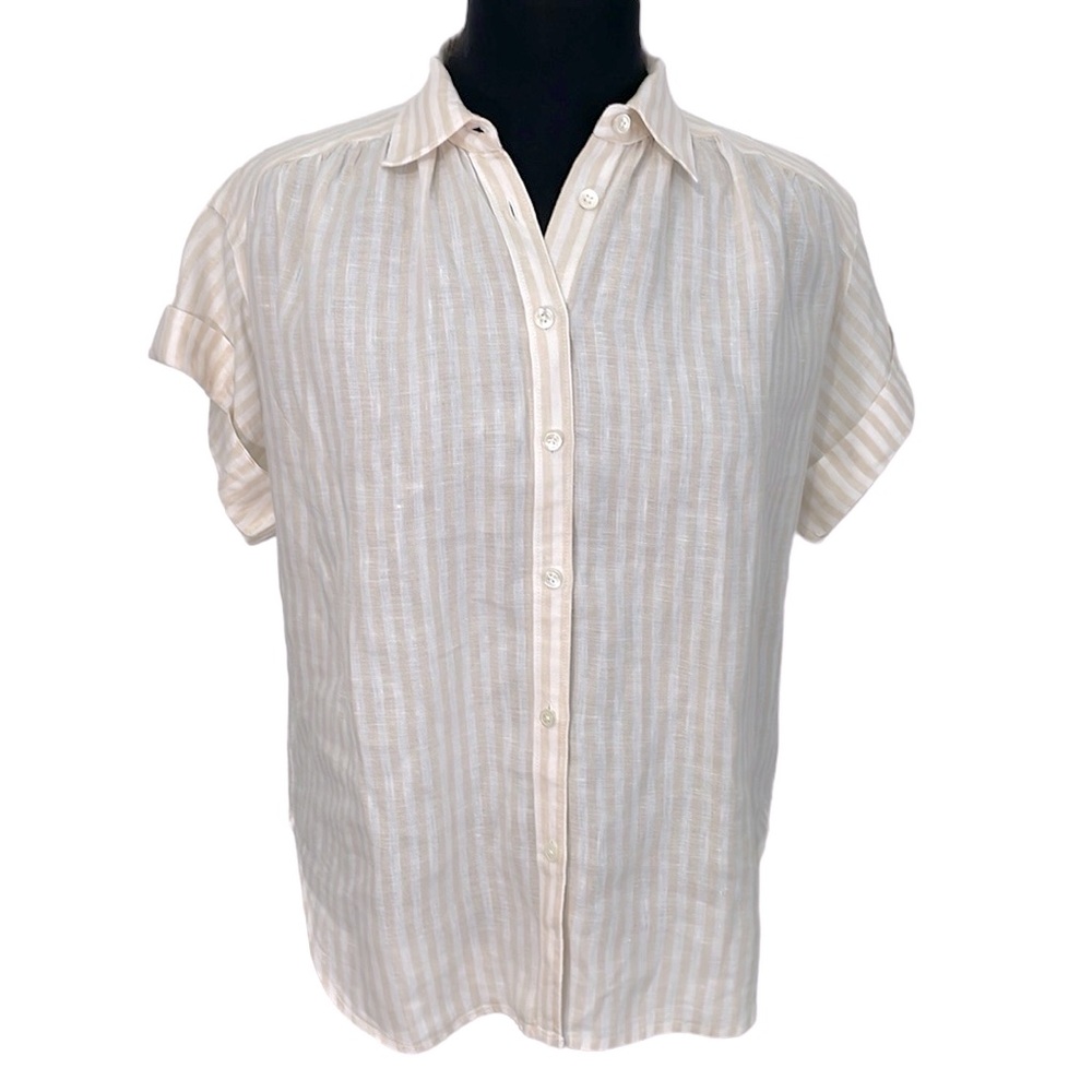 Joie Size XXS 100% linen oversized camp shirt with white and beige stripes. EUC
